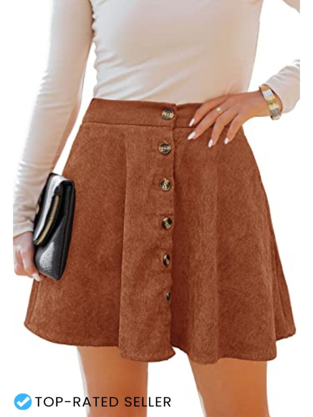 Women's Button Front Corduroy Mini Skater Skirt A-Line Pleated with Pockets